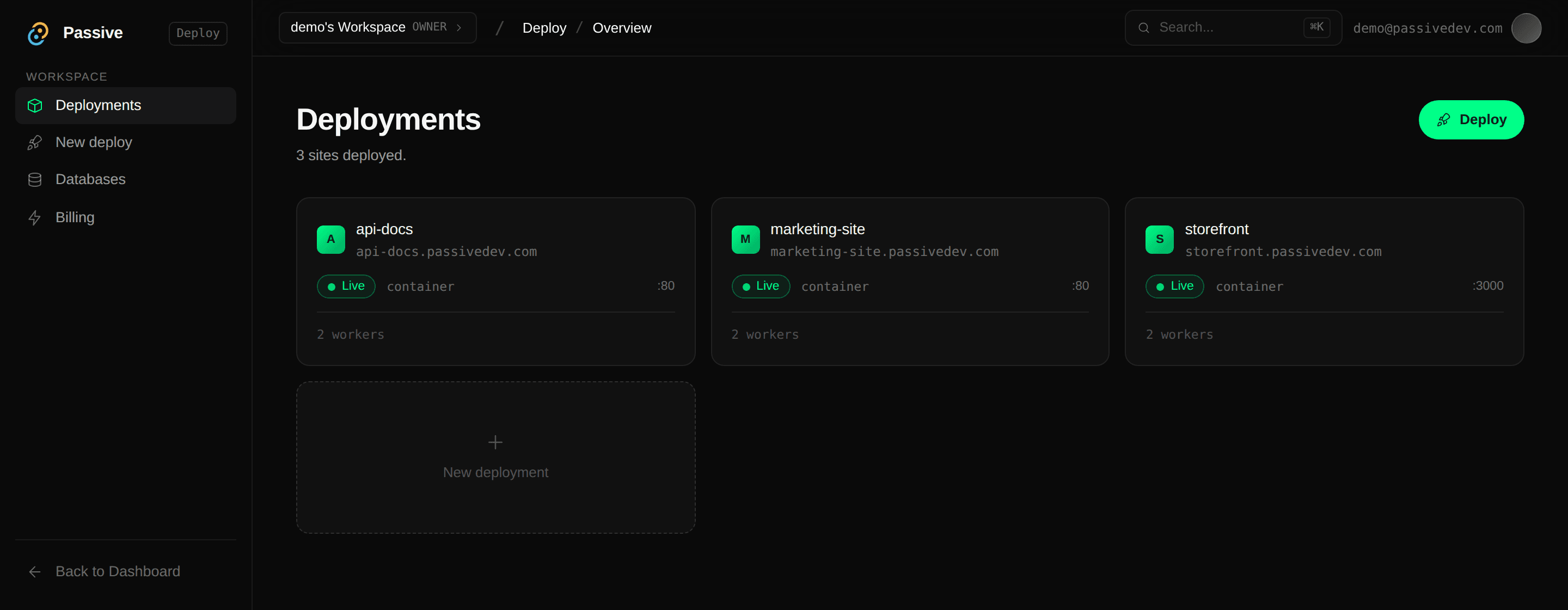 The Passive dashboard listing three live deployments, each on two workers